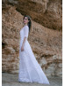 Elbow Sleeves White Lace Chiffon Boho Wedding Dress